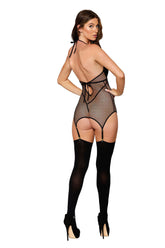 Black Garter Slip Teddy One Size Stretch Fishnet Lingerie Teddies